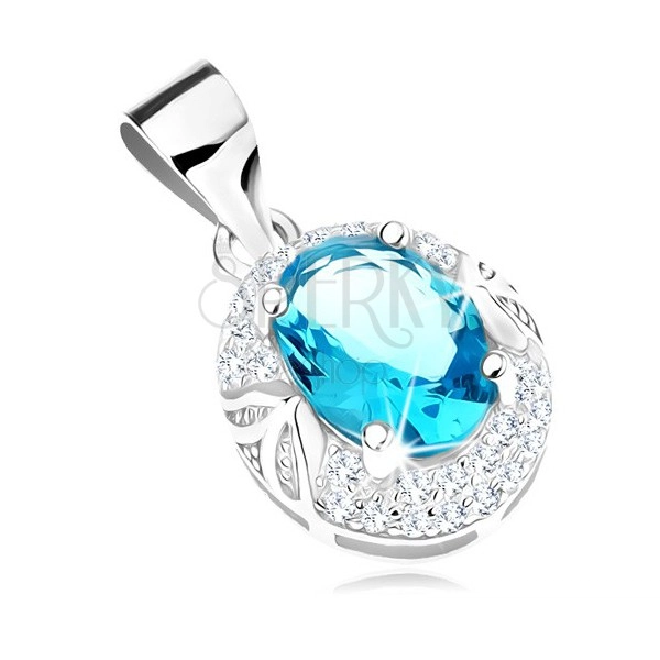Pendant made of 925 silver, light blue zircon oval, clear rim, shiny leaves