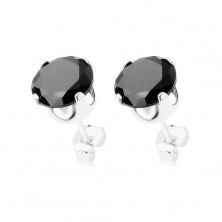 Stud earrings, 925 silver, round zircon in black colour, 7 mm