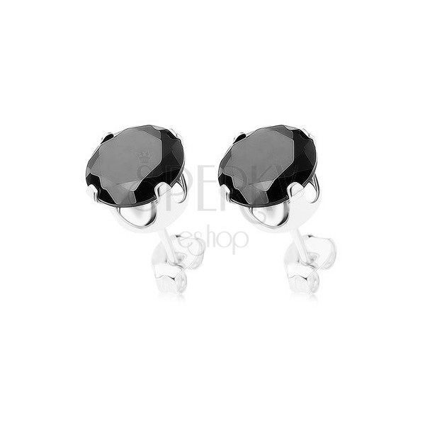 Stud earrings, 925 silver, round zircon in black colour, 7 mm