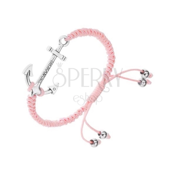 Adjustable bracelet made of pink strings, big boat anchor