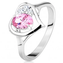 Ring in silver colour, heart contour with pink oval and clear zircons