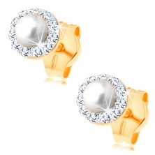 Earrings in yellow 14K gold - round white pearl with clear sparkly border
