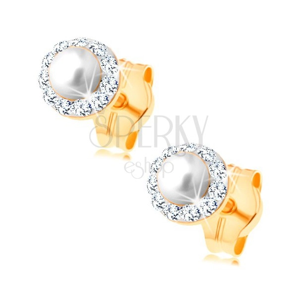 Earrings in yellow 14K gold - round white pearl with clear sparkly border