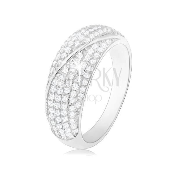Rhodium-plated ring, 925 silver, protruding strip decorated with clear zircons