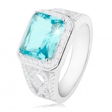 925 silver ring, shoulders with ornament, light blue zircon, clear border