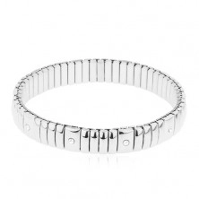 Flexible bracelet made of surgical steel, narrow and wider lengthwise links, clear zircons