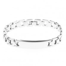 Steel bracelet in silver colour, shiny links and oblong tag