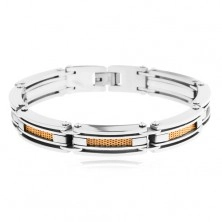 316L steel bracelet, bicoloured long-shaped links, plaited strip in gold colour