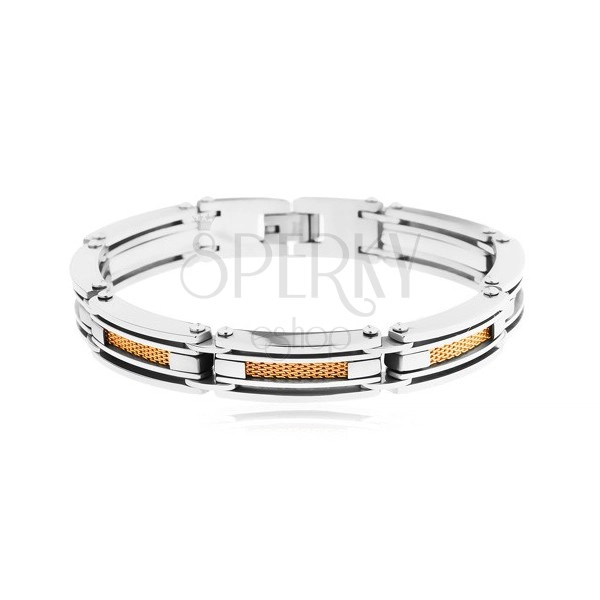 316L steel bracelet, bicoloured long-shaped links, plaited strip in gold colour