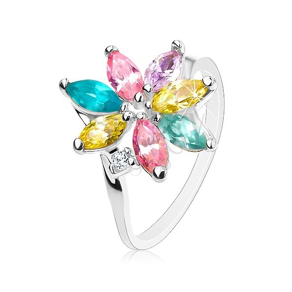 Beamy ring with curved shoulders, glossy coloured petals, clear zircon