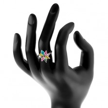 Beamy ring with curved shoulders, glossy coloured petals, clear zircon