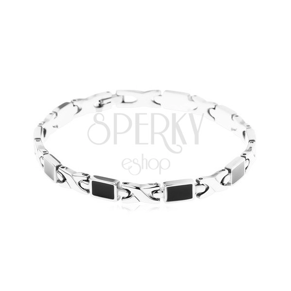 Steel bracelet, X links and oblongs decorated with shiny black glaze
