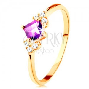 Ring in yellow 14K gold - violet amethyst square, clear zircons