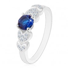 925 silver ring, round dark blue zircon, clear glossy hearts