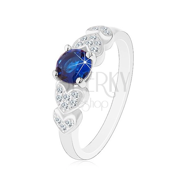 925 silver ring, round dark blue zircon, clear glossy hearts