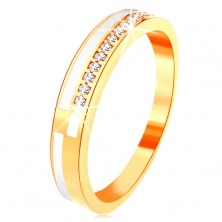 Ring in yellow 14K gold - narrow lines of clear zircons and white glaze