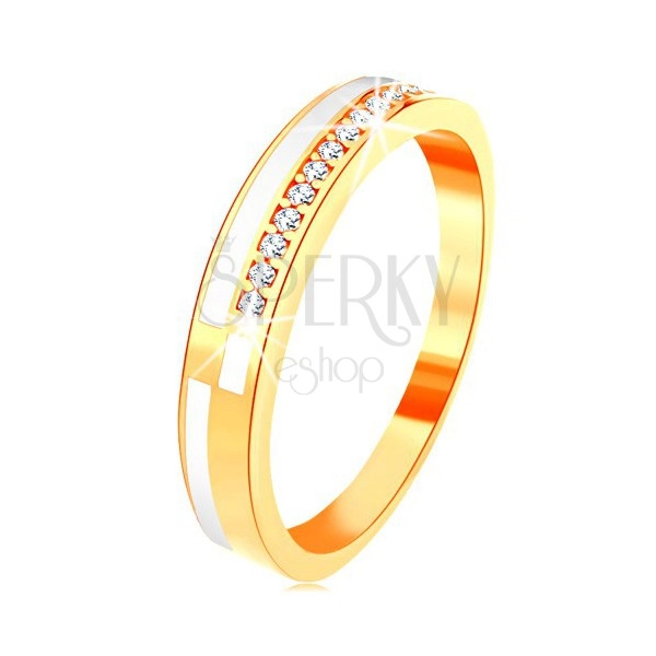 Ring in yellow 14K gold - narrow lines of clear zircons and white glaze