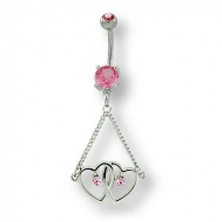 Navel ring - two hearts on chain with zircons