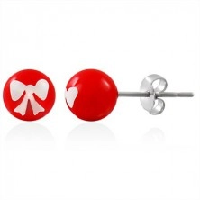 Steel earrings, red ball with white bow, stud fastening
