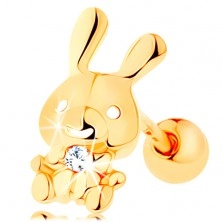 Ear piercing in yellow 14K gold - glossy rabbit with clear zircon