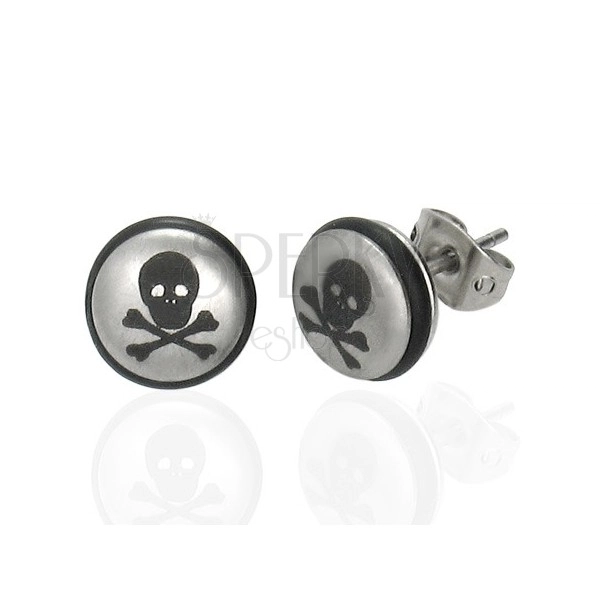 Steel earrings in silver colour, ball with skull and black rubber band