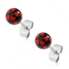 Steel earrings, black-red balls, stud fastening