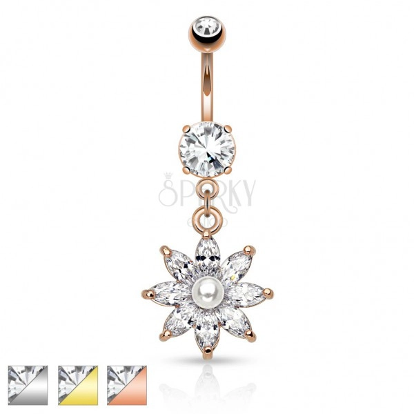 Steel bellybutton piercing, sparkly zircon flower in clear colour, pearl