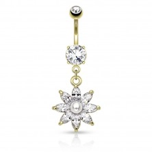 Steel bellybutton piercing, sparkly zircon flower in clear colour, pearl