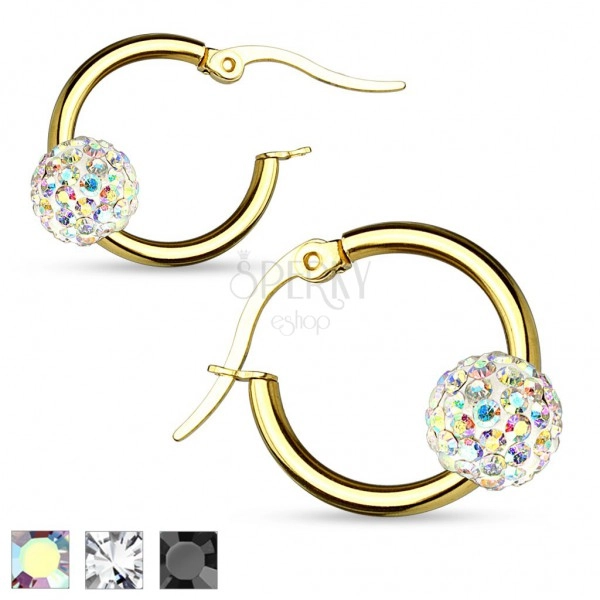 Round earrings made of 316L steel, smooth circle in gold colour with Shamballa ball