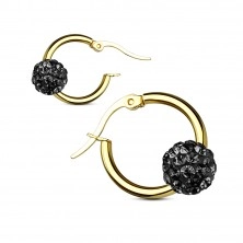 Round earrings made of 316L steel, smooth circle in gold colour with Shamballa ball