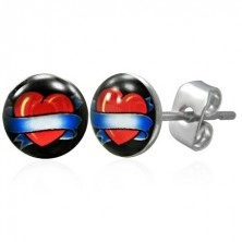 Steel earrings - heart with blue ribbon