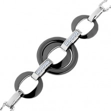Bracelet made of surgical steel and ceramic, circles in black colour, ovals with zircons