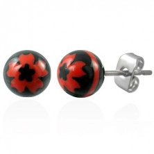 Steel earrings with black balls - red flower