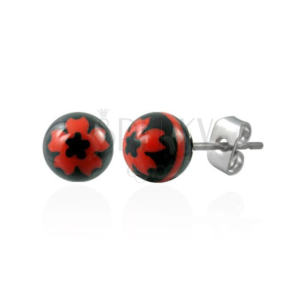 Steel earrings with black balls - red flower