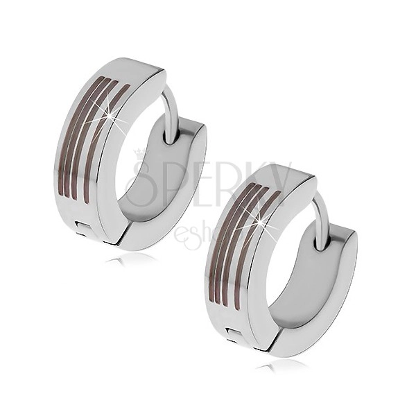 Steel earrings in silver colour - hoops with black strips