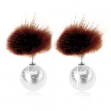 Reversible stud earrings - heary brown fur, white ball