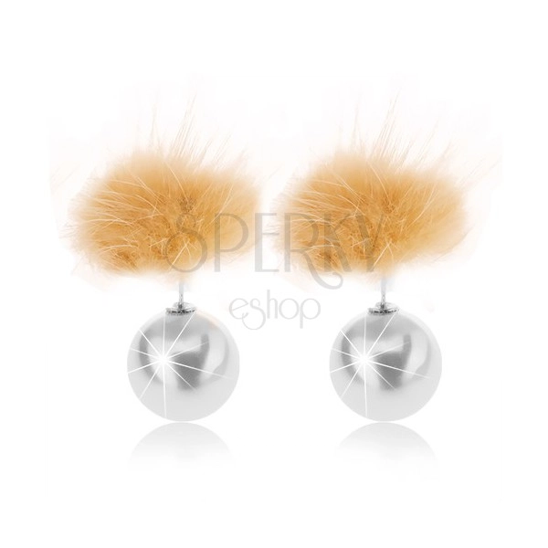 Stud hairy earrings - yellow fur, big white ball 