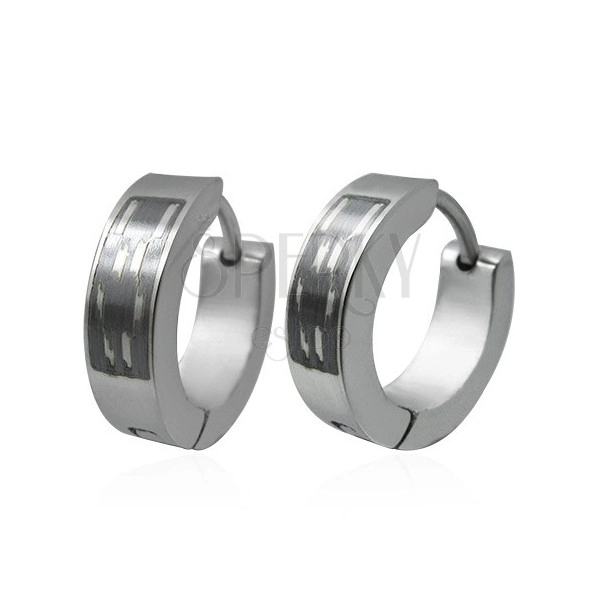 Steel earrings - hoops with patterned black rectangle