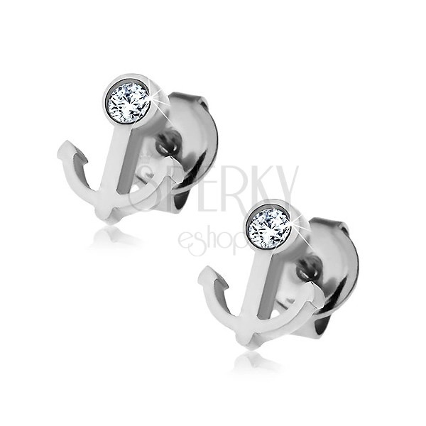 Earrings made of 316L steel - anchor with clear zircon, studs