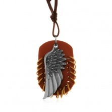 Necklace made of synthetic leather, pendant - brown oval with hoops and angel wing
