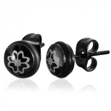 Black stud earrings made of 316L steel, four-leaf clover in silver colour