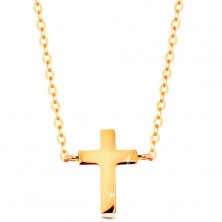 Necklace made of yellow 585 gold - small Latin cross, shiny chain