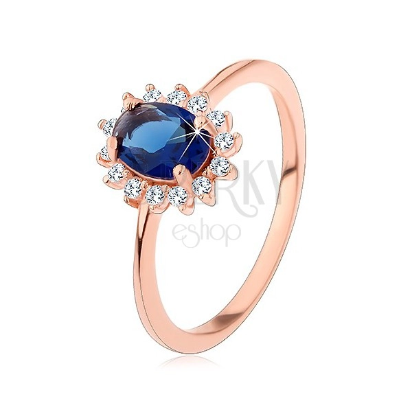 925 silver ring in copper colour, dark blue oval zircon with clear hoop