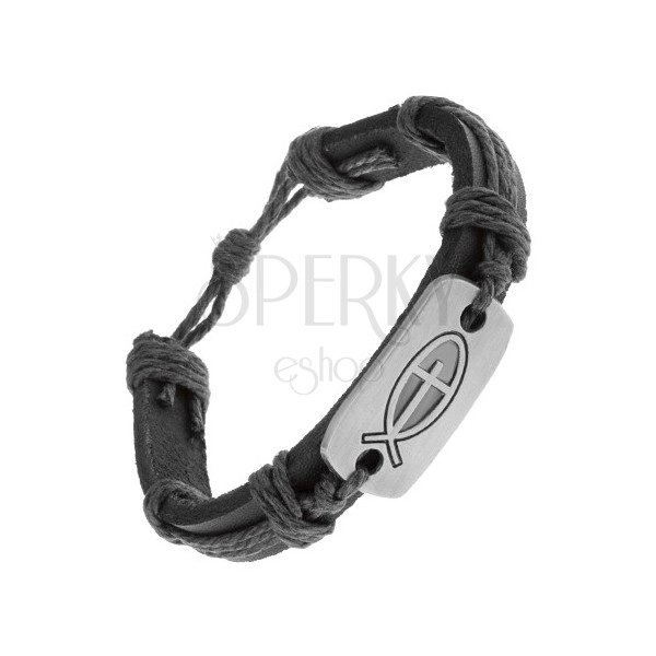 Black bracelet made of synthetic leather and strings, shiny tag - fish with cross