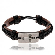 Brown leather bracelet with strings, oblong with carved cross bottony