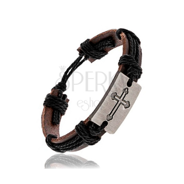 Brown leather bracelet with strings, oblong with carved cross bottony