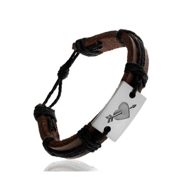 Dark brown leather bracelet, wrapped strings, oblong with heart and arrow