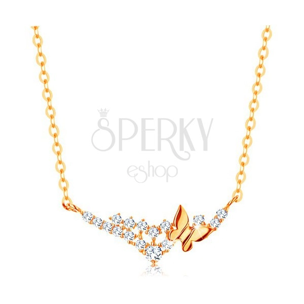 Necklace made of yellow 14K gold - chain made of oval links, butterfly and clear zircons