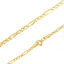Shiny gold chain, three oval links, flattened oblong eyelet, 445 mm