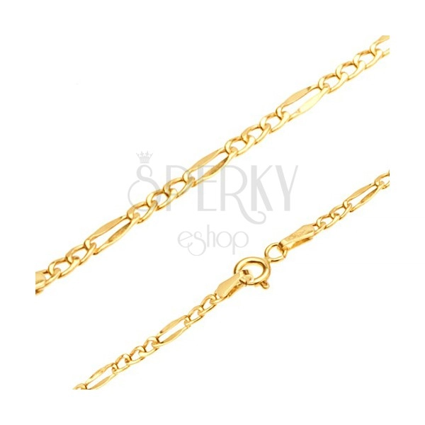 Shiny gold chain 585, three oval links, flattened oblong eyelet, 485 mm